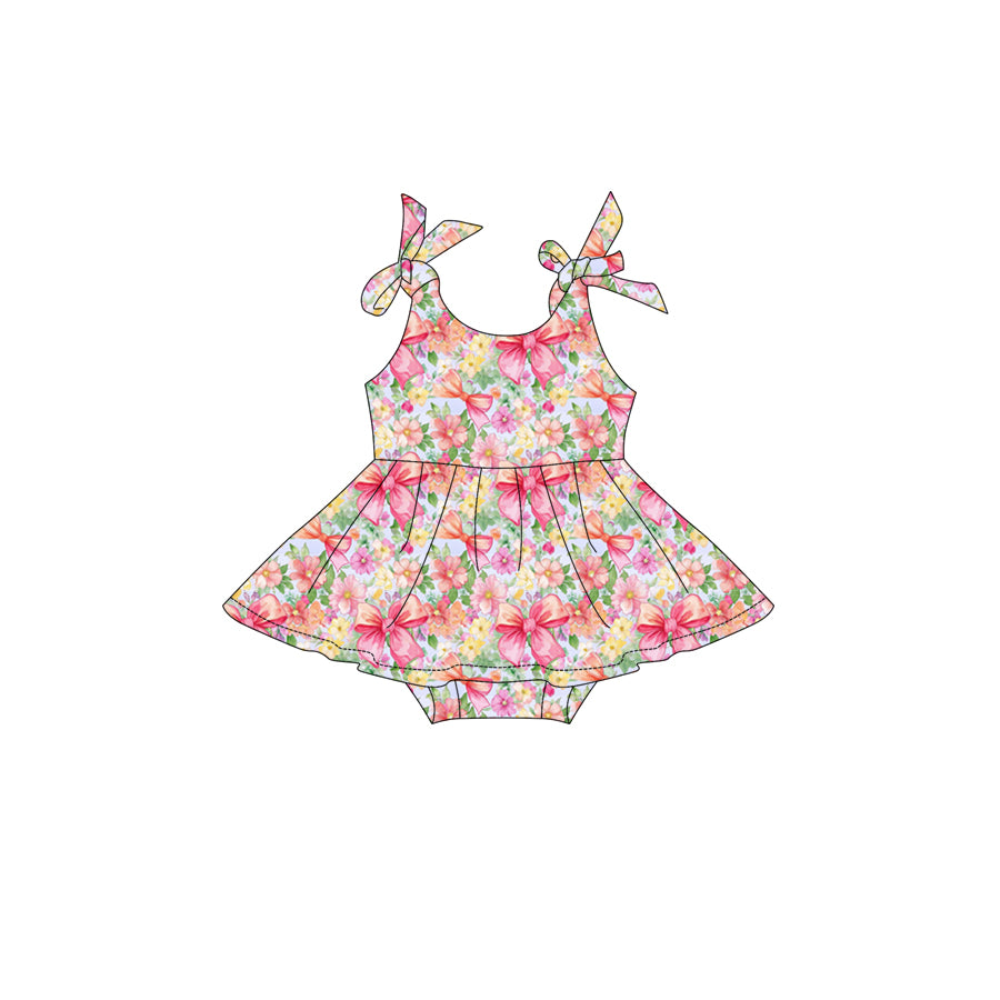 Preorder (moq 5)Baby Girls Strap Colorful Bows Flowers Tunic Ruffle Rompers