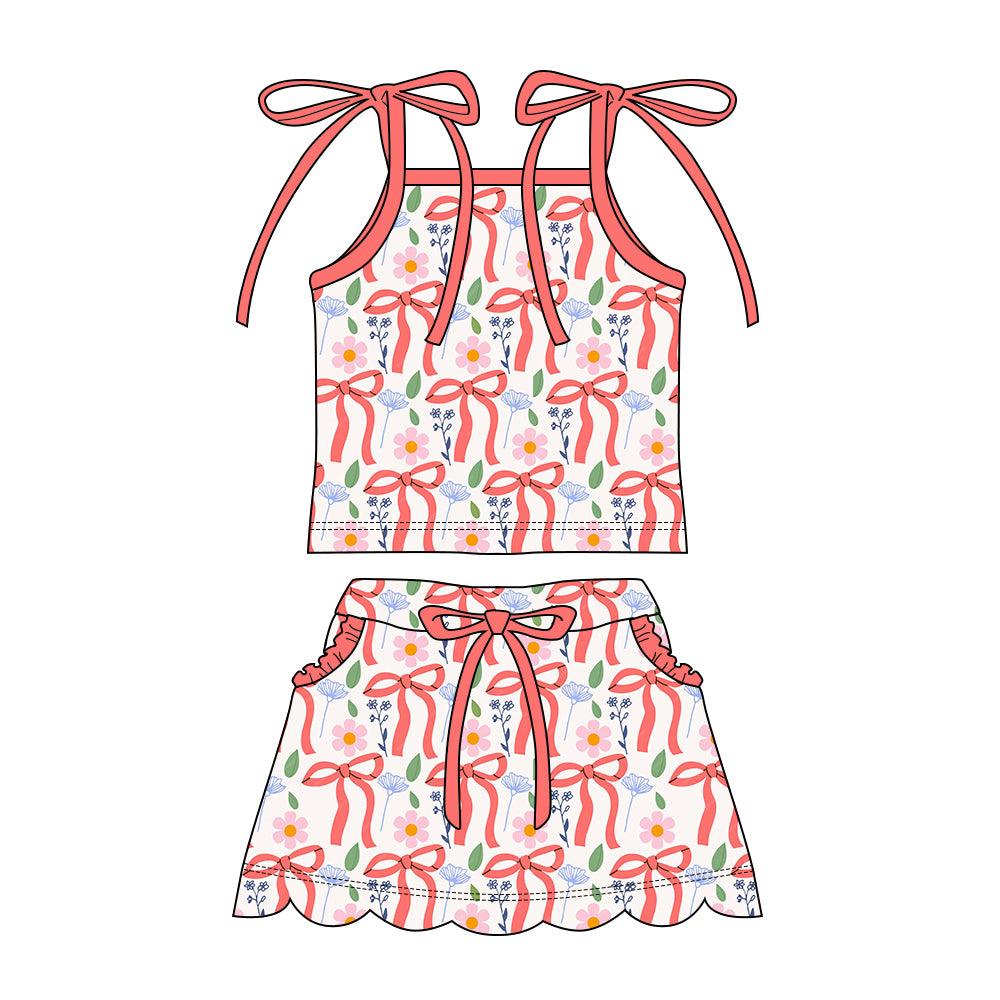 Preorder moq 5 Baby Girls Strap Pink Flower Bow Top Pockets Scallop Skirt Short Clothes Sets