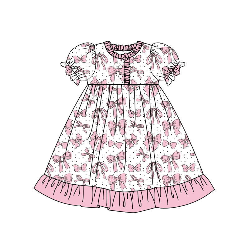 Preorder (moq 5)Baby Girls Short Ruffle Sleeve Bows Polka Dots Ruffle Knee Length Dress