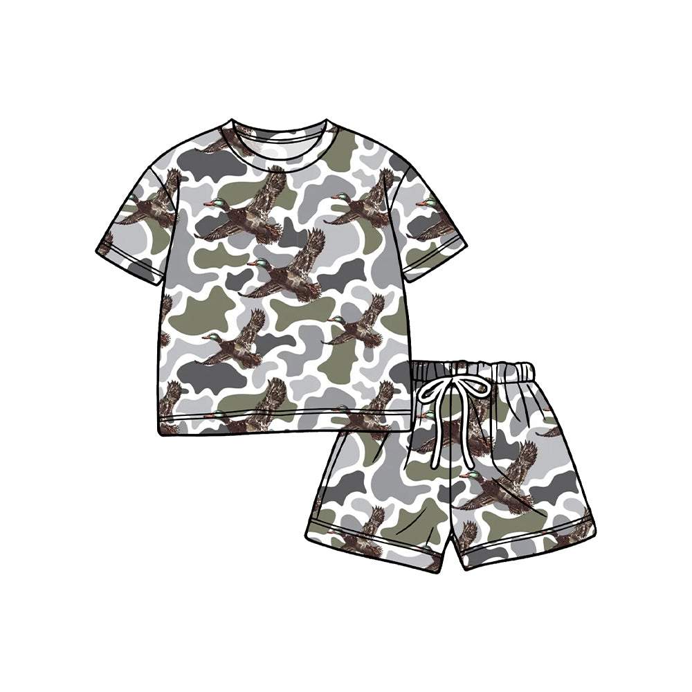Preorder moq 5 Baby Girls Green Camo Ducks Top Shorts Hunting Pajamas Clothes Set