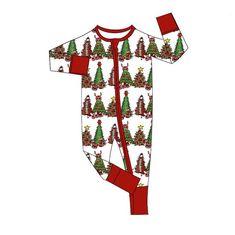 Preorder (moq 5)Baby Boys Trees Footballs Checked Christmas Zipper Footie Rompers