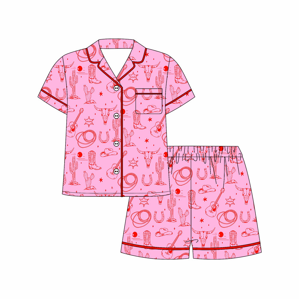 Preorder moq 5 Adult Short Sleeve Bull Skulls Cactus Turquoises Button Pockets Top Shorts Western Pajamas Sets