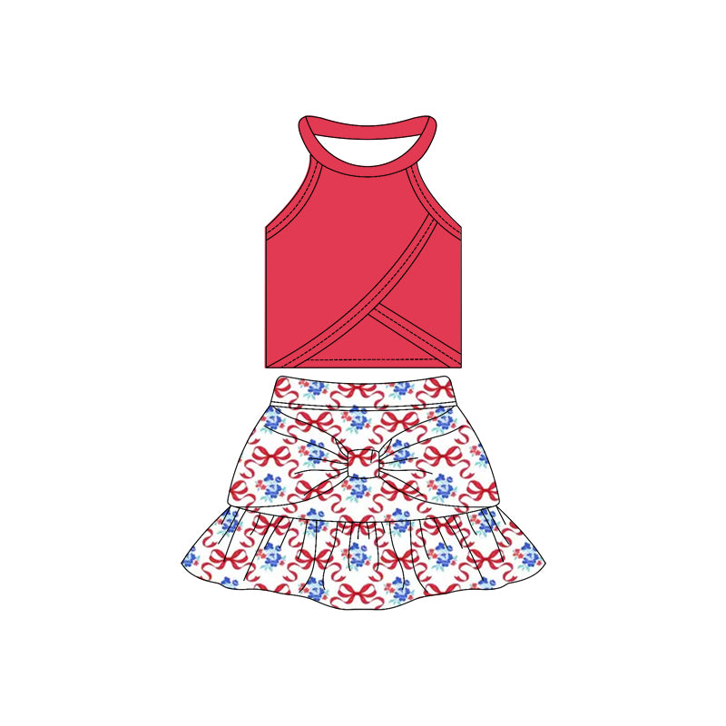 Preorder moq 10 Baby Girls Sleeveless Red Vest Top Flowers Bows Ruffle Short Skirts Activity Wear Yoga Set