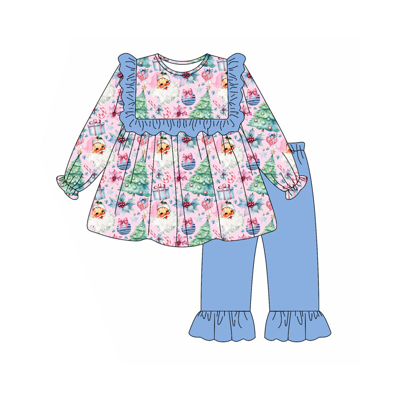 Preorder (moq 5)Baby Girls Blue Long Sleeves Santa Trees Gifts Tunic Ruffle Pant Set