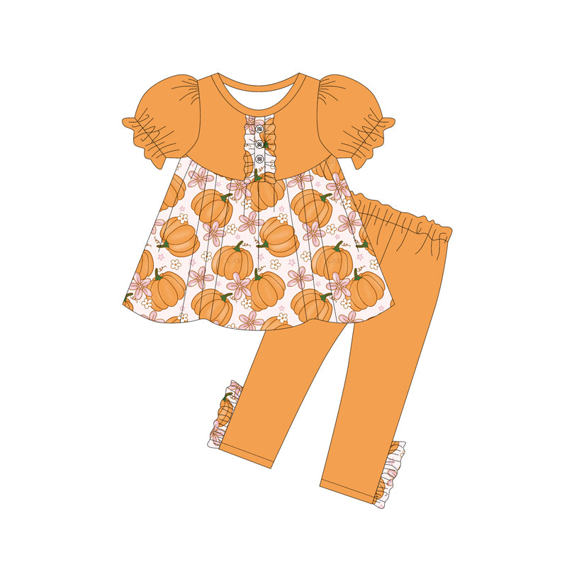 Preorder (moq 5)Baby Girls Orange Short Ruffle Sleeves Flowers Pumpkins Tunic Legging Pant Sets