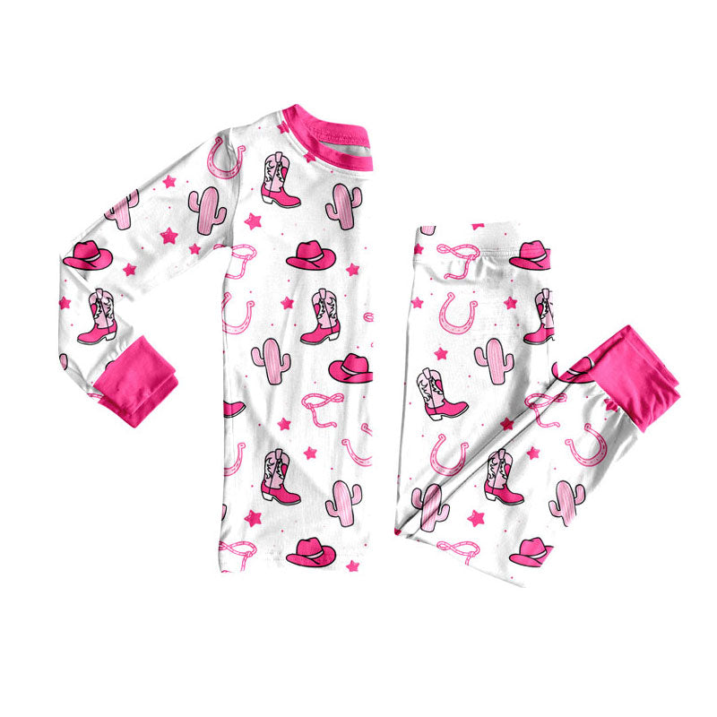 Preorder(moq 8)Baby Girls Pink Hats Boots Cactus Top Pant Western Pajamas Sets