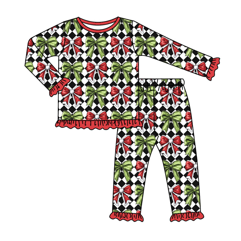 Preorder(moq 5) Baby Girls Long Ruffle Sleeves Green Red Bows Plaid Top Pants Pajamas Set