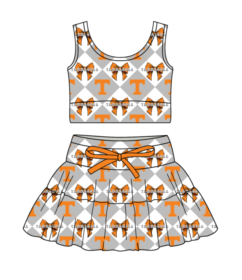 Preorder moq 5 Baby Girls Sleeveless Tennessee Bows Top Skirt Shorts Team Clothes Set