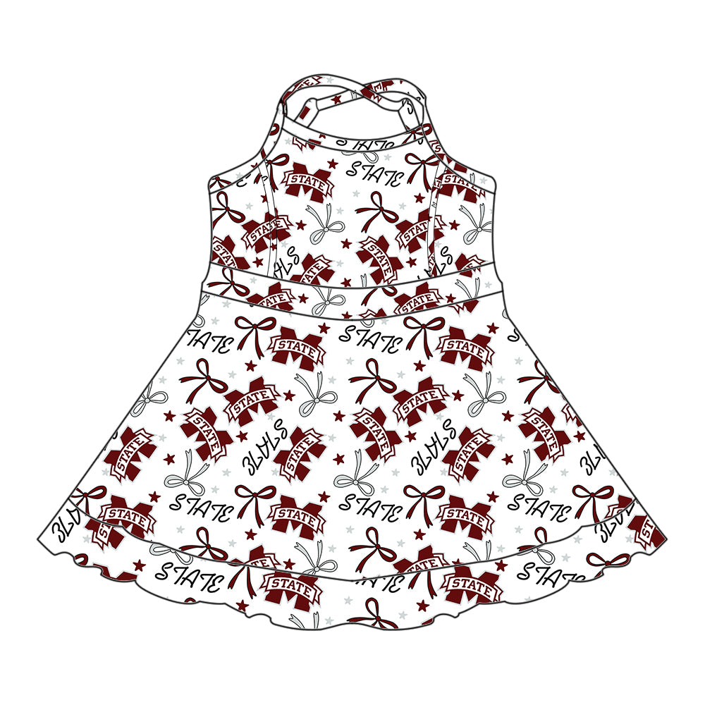 Preorder (moq 5)Baby Girls Strap Brown M State Bows Stars Ruffle Short Team Knee Length Dresses