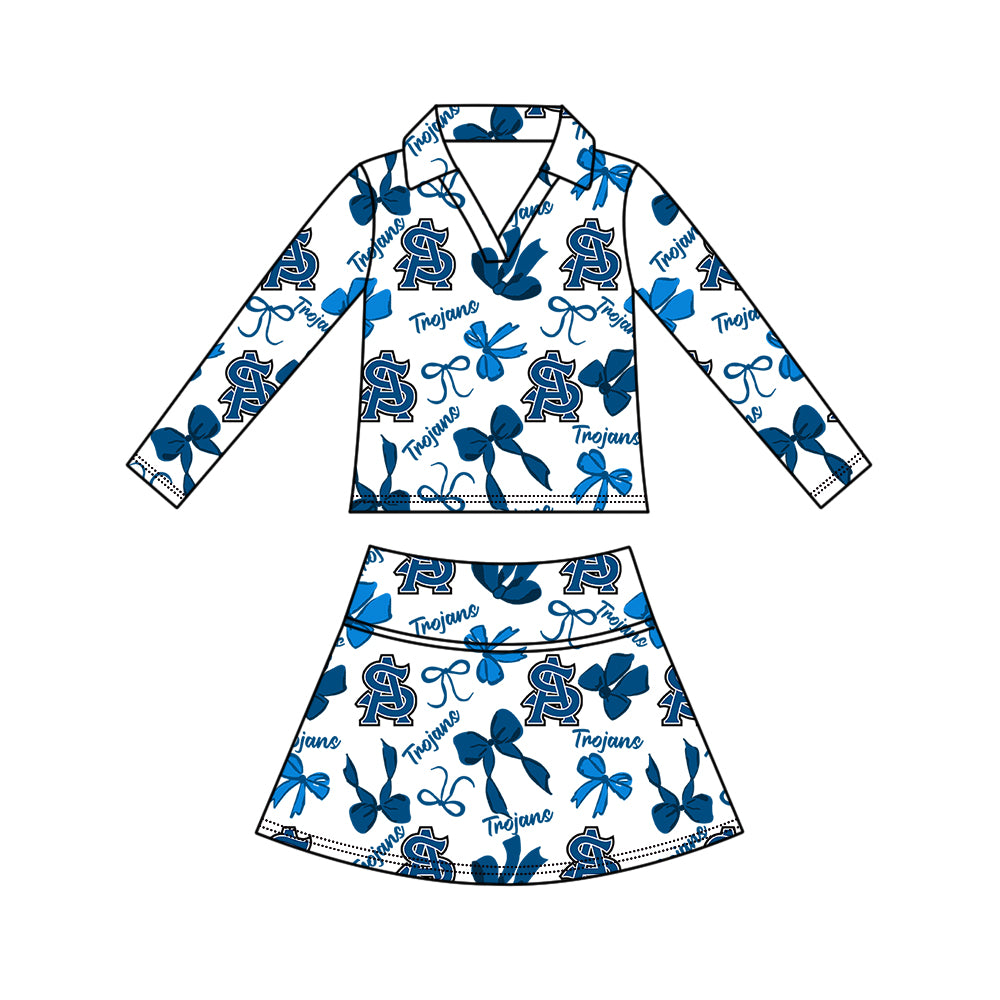 Preorder (moq 5)Baby Girls Bows Trojans Top Skirt Short Team Clothes Set