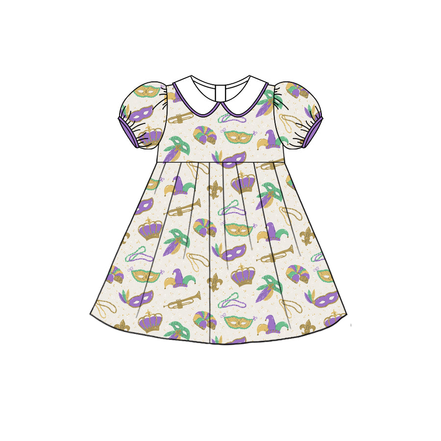 Preorder (moq 5) Baby Girl Clothes Mardi Gras Mask Crown Print Peter Pan Collar Puff Sleeve Dress