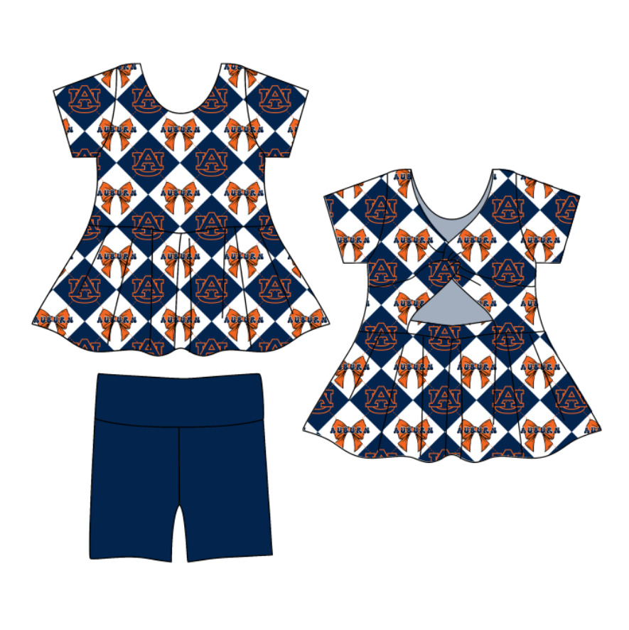 Preorder (moq 5)Baby Girls Team Bows Checked Tunic Shorts Clothes Sets