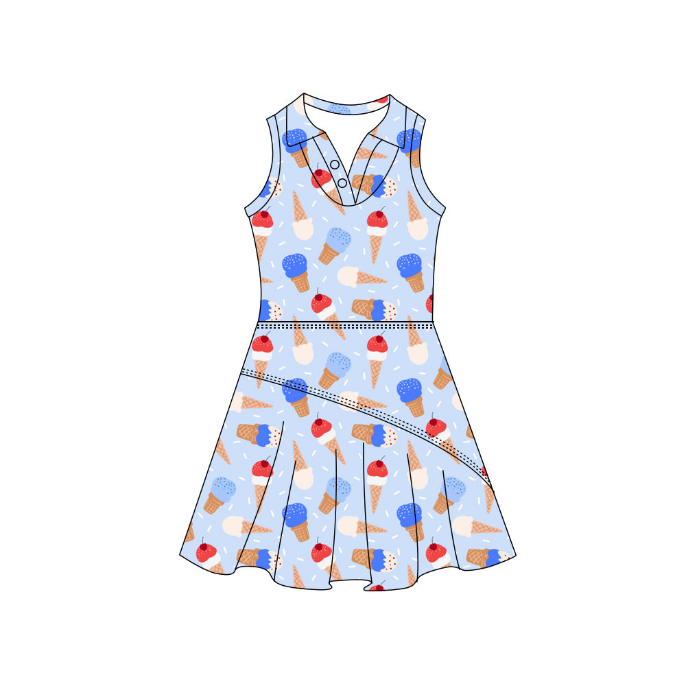 Preorder (moq 5)Baby Girls Colorful Ice Creams 4th of July Button Pleated Knee Length Dresses