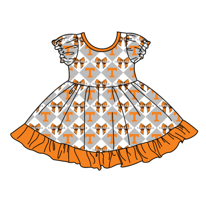 Preorder moq 5 Baby Girls Short Sleeve Tennessee Bows Team Ruffle Knee Length Dress