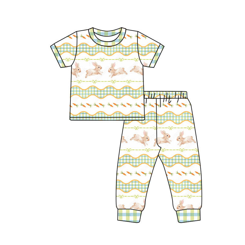 Preorder(moq 5) Baby Girls Rabbits Carrots Bows Stripe Top Pants Easter Pajamas Sets