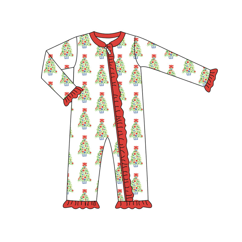Preorder (moq 5)Baby Girls Long Sleeves Red Bows Trees Plaid Ruffle Zipper Romper