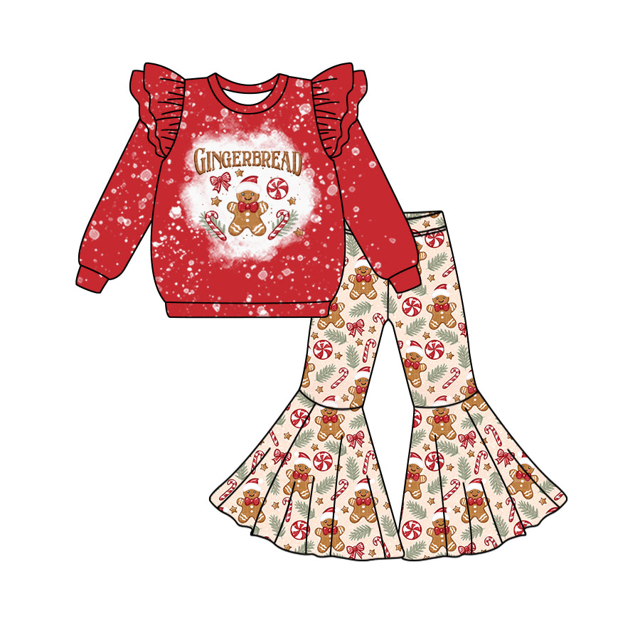 Preorder (moq 5)Baby Girls Red Long Sleeves Bows Gingerbread Top Bell Bottom Pant Set