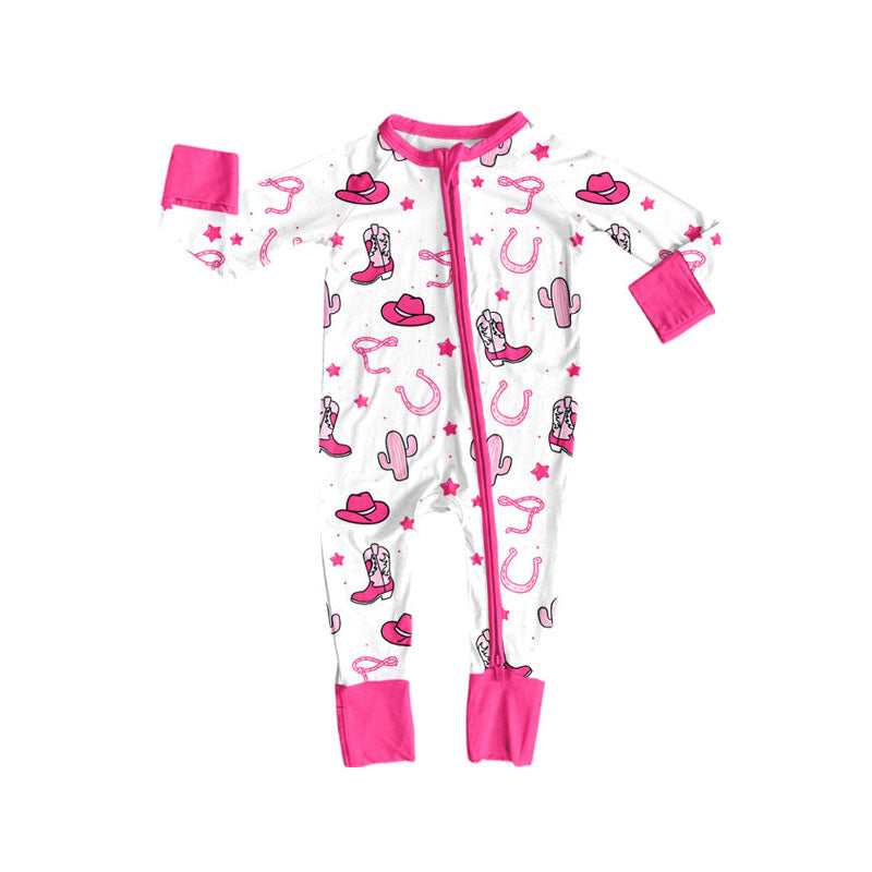Preorder(moq 8)Baby Girls Pink Hats Boots Cactus Western Zipper Footie Rompers