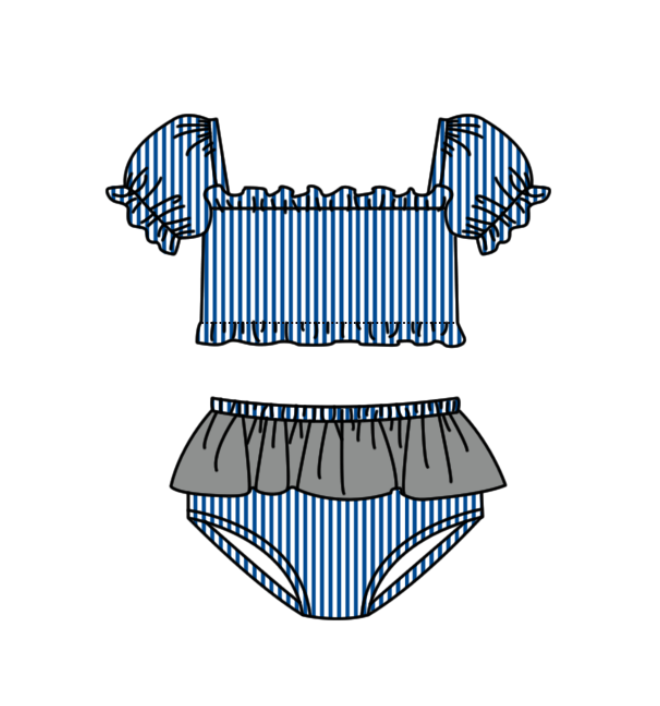 Preorder moq 5 Baby Girls Blue Stripe Vest Top Bummies Short Team Swimsuits