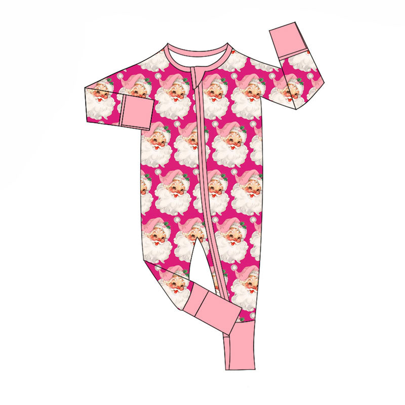 Preorder (moq 5)Baby Girls Pink Santa Checked Christmas Zipper Footie Rompers