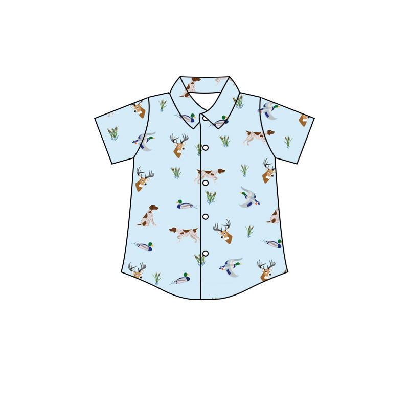 Preorder (moq 5)Baby Boys Blue Short Sleeves Button Deer Ducks Dogs Shirts Top