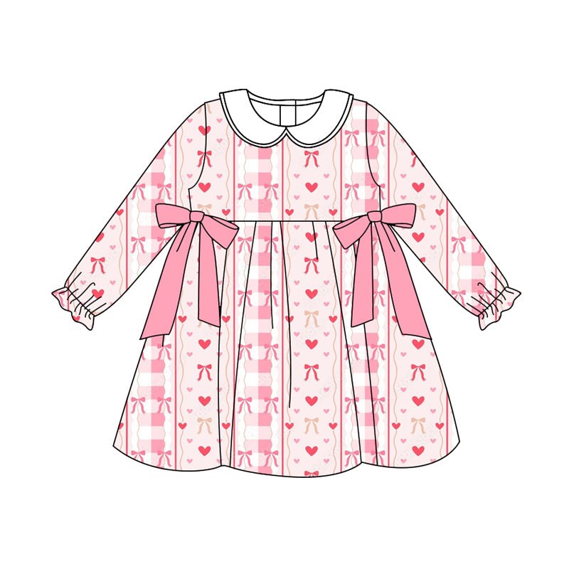 Preorder (moq 5)Baby Girls Long Ruffle Sleeves Pink Bows Hearts Stripe Knee Length Dress