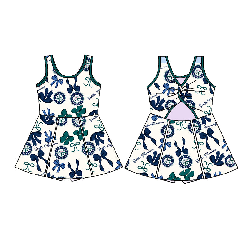 Preorder (moq 5)Baby Girls Green Sleeveless Bows Plaid Seattle Mariners Short Team Knee Length Dresses