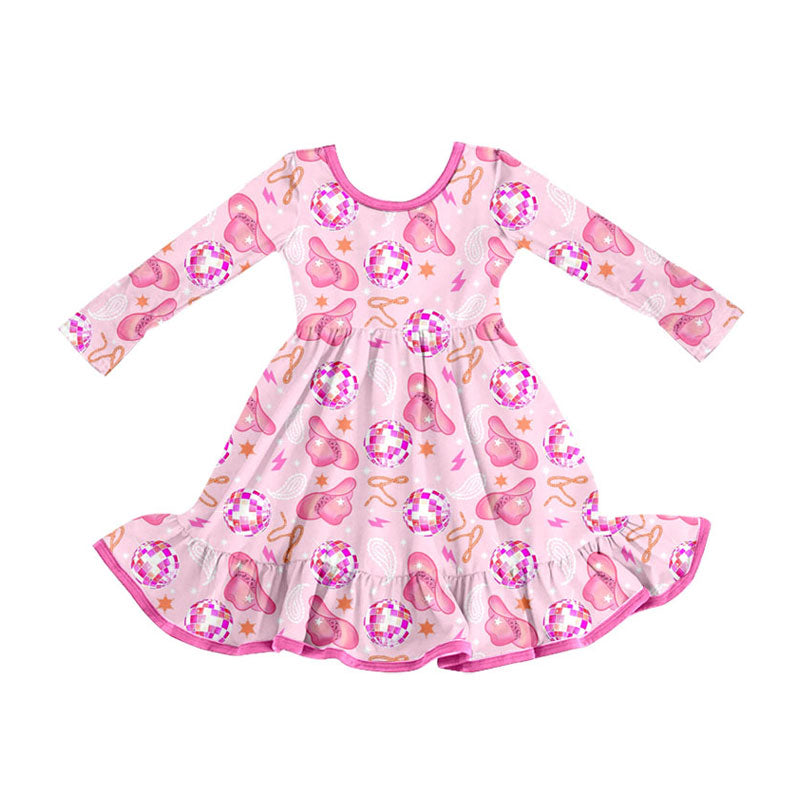 Preorder (moq 5)Baby Girls Long Sleeve Pink Hats Stars Western Ruffle Knee Length Dresses