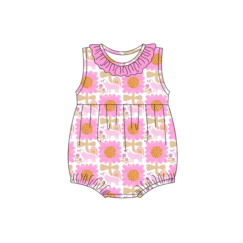 Preorder(moq 5)Baby Infant Girls Pink Sleeveless Flowers Dogs Summer Rompers