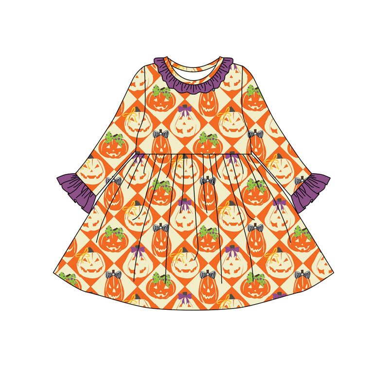 Preorder (moq 5)Baby Girls Ghost Pumpkins Plaid Halloween Ruffle Knee Length Dresses
