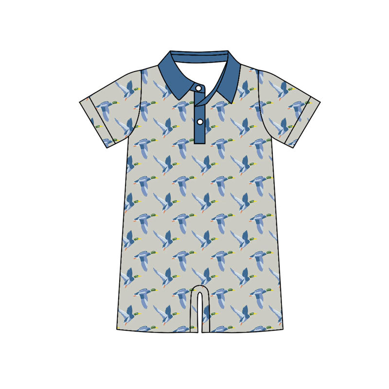 Preorder (moq 5)Baby Boys Blue Ducks Plaid Button Shorts Rompers