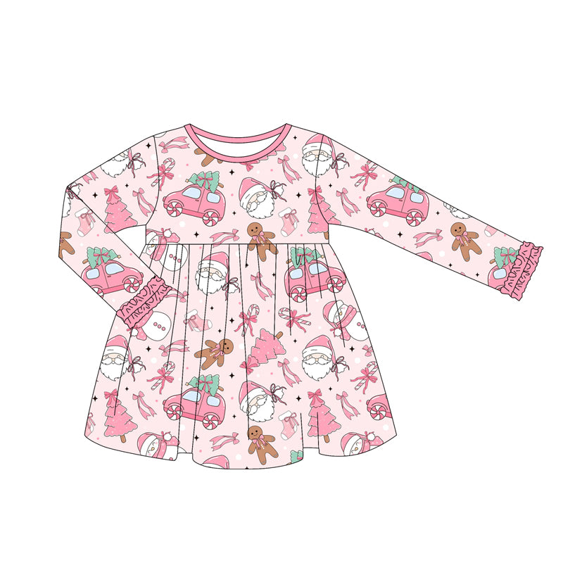 Preorder (moq 5)Baby Girls Pink Long Ruffle Sleeves Santa Cars Trees Knee Length Dresses