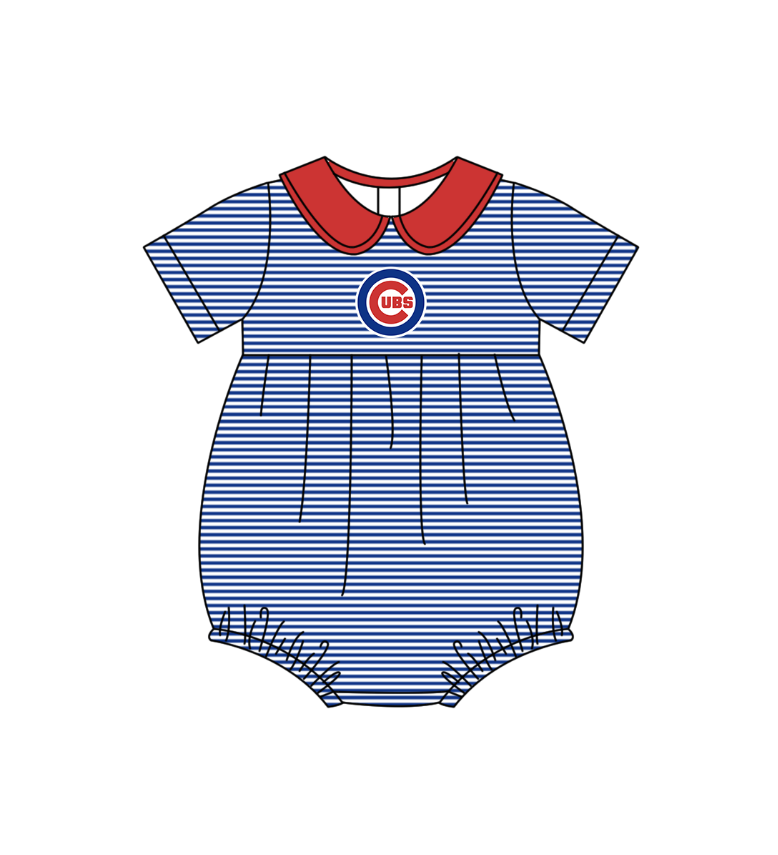Preorder (moq 5)Baby Girls Short Sleeve Stripe Cubs Team Ruffle Rompers