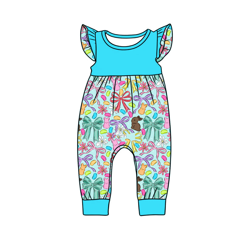 Preorder (moq 5)Baby Girls Flutter Sleeve Colorful Bows Rabbits Easter Pant Rompers