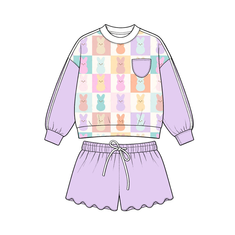 Preorder (moq 5) Girls’ All-Over Bunny Print Cropped Sweatshirt & Wavy Ruffle Shorts 2-Piece Sweet Light Purple Set