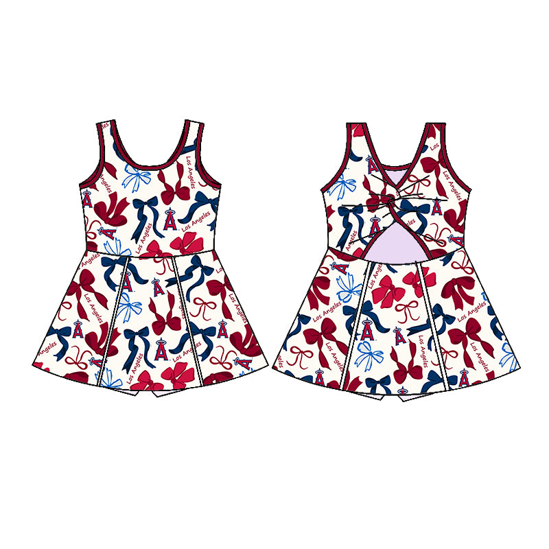 Preorder (moq 5)Baby Girls Blue Red Los Angel Bows Plaid Short Team Knee Length Dresses