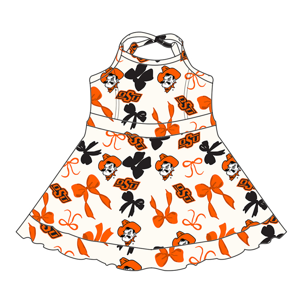 Preorder (moq 5)Baby Girls Straps Orange Bows Plaid OSU Short Ruffle Team Knee Length Dresses