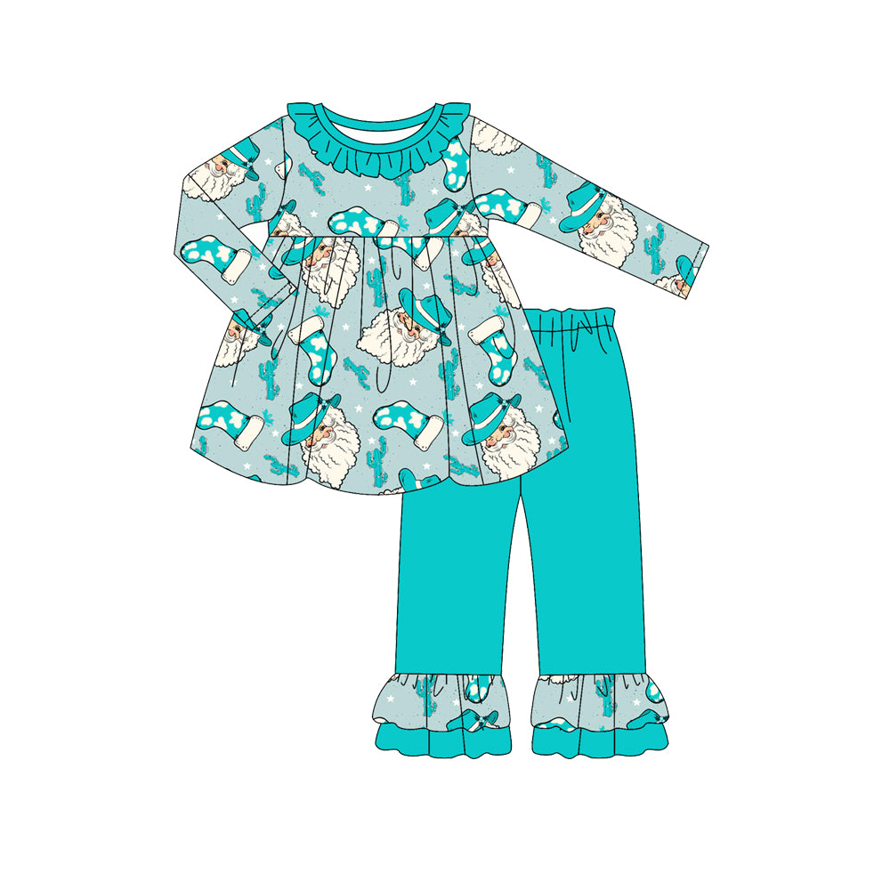 Preorder (moq 5)Baby Girls Long Sleeves Lake Blue Santa Cactus Tunic Ruffle Pant Sets