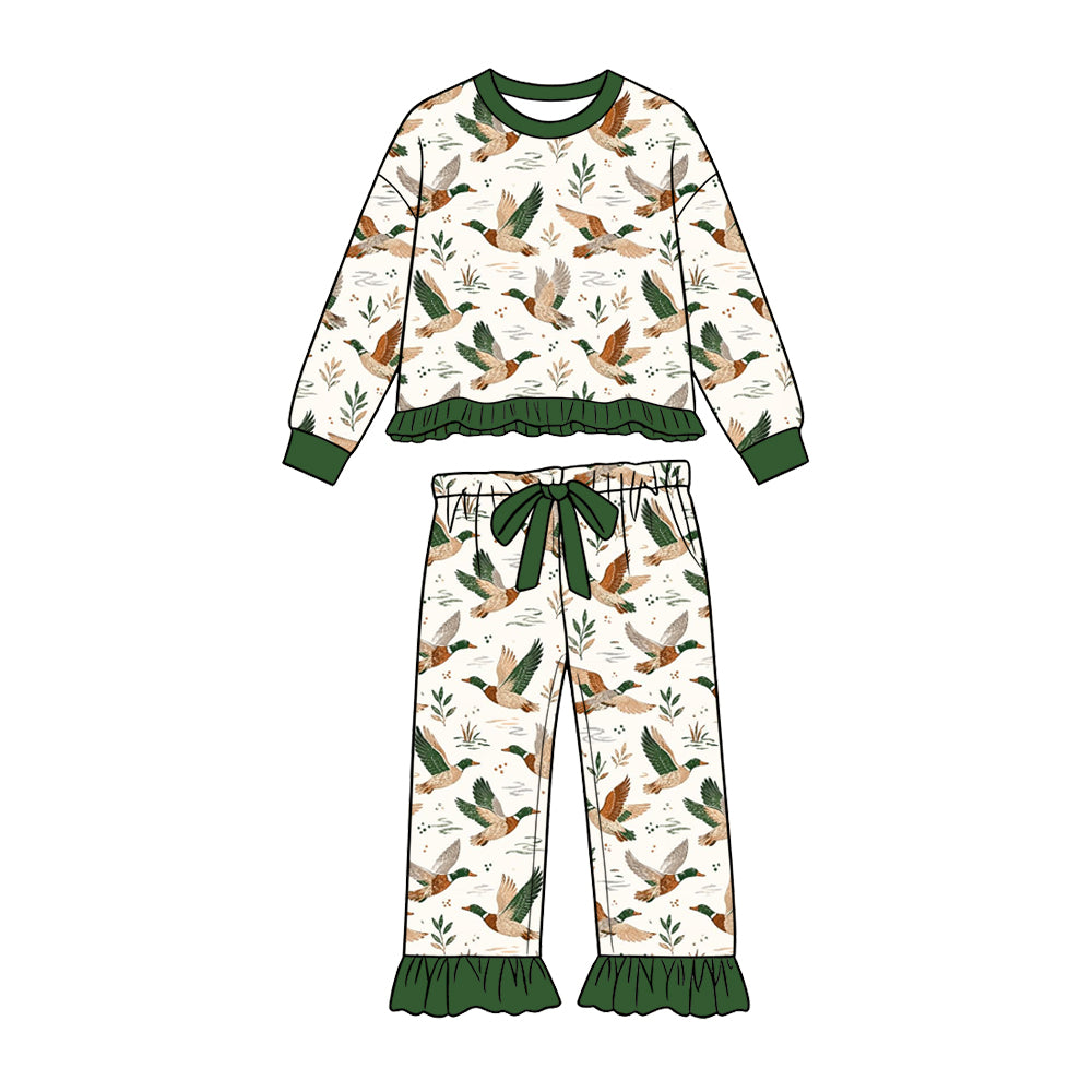 Preorder (moq 5) Baby Girl Clothes Cream Flying Mallard Duck Leaf Allover Print Long Sleeve Ruffle Top Flare Pant Set