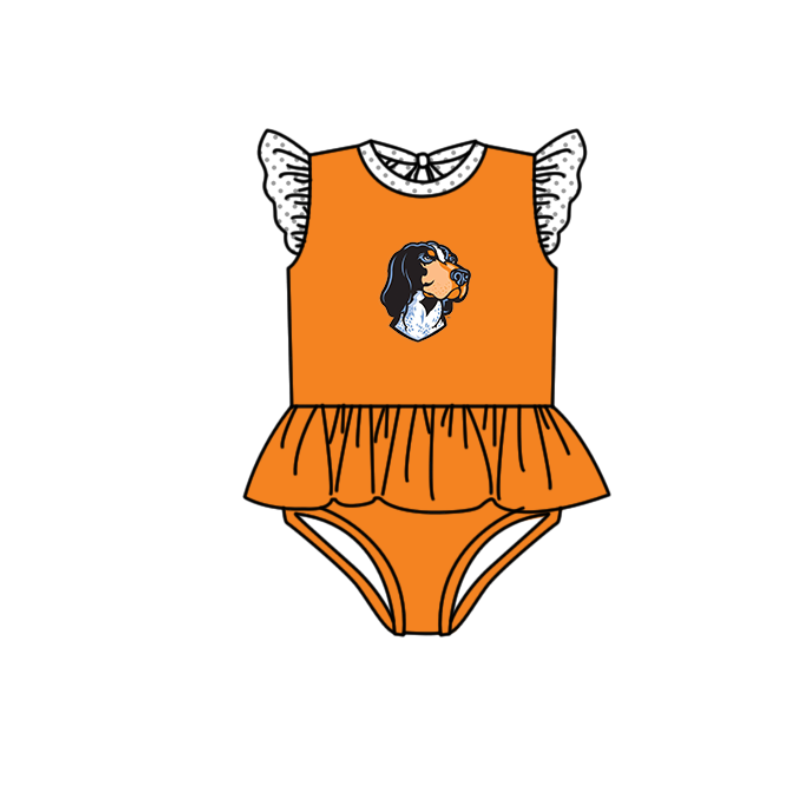 Preorder moq 5 Baby Girls Orange Flutter Sleeve Dogs Team Swimsuits