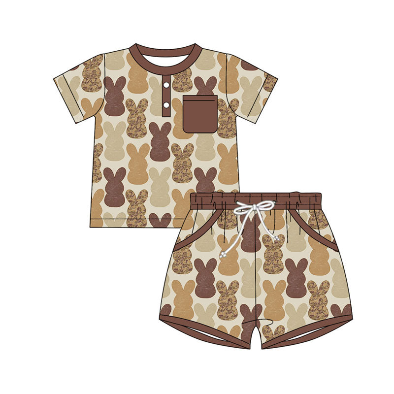 Preorder(moq 5) Baby Boys Khaki Camo Rabbits Plaid Top Pockets Easter Clothes Sets