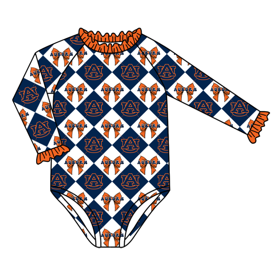 Preorder (moq 5)Baby Girls Long Sleeve Team Bows Checked One Piece Swimsuits