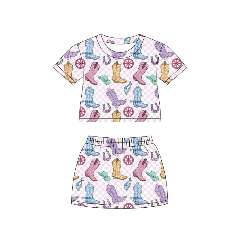 Preorder (moq 5)Baby Girls Boots Hats Checked Top Skirt Shorts Western Clothes Set