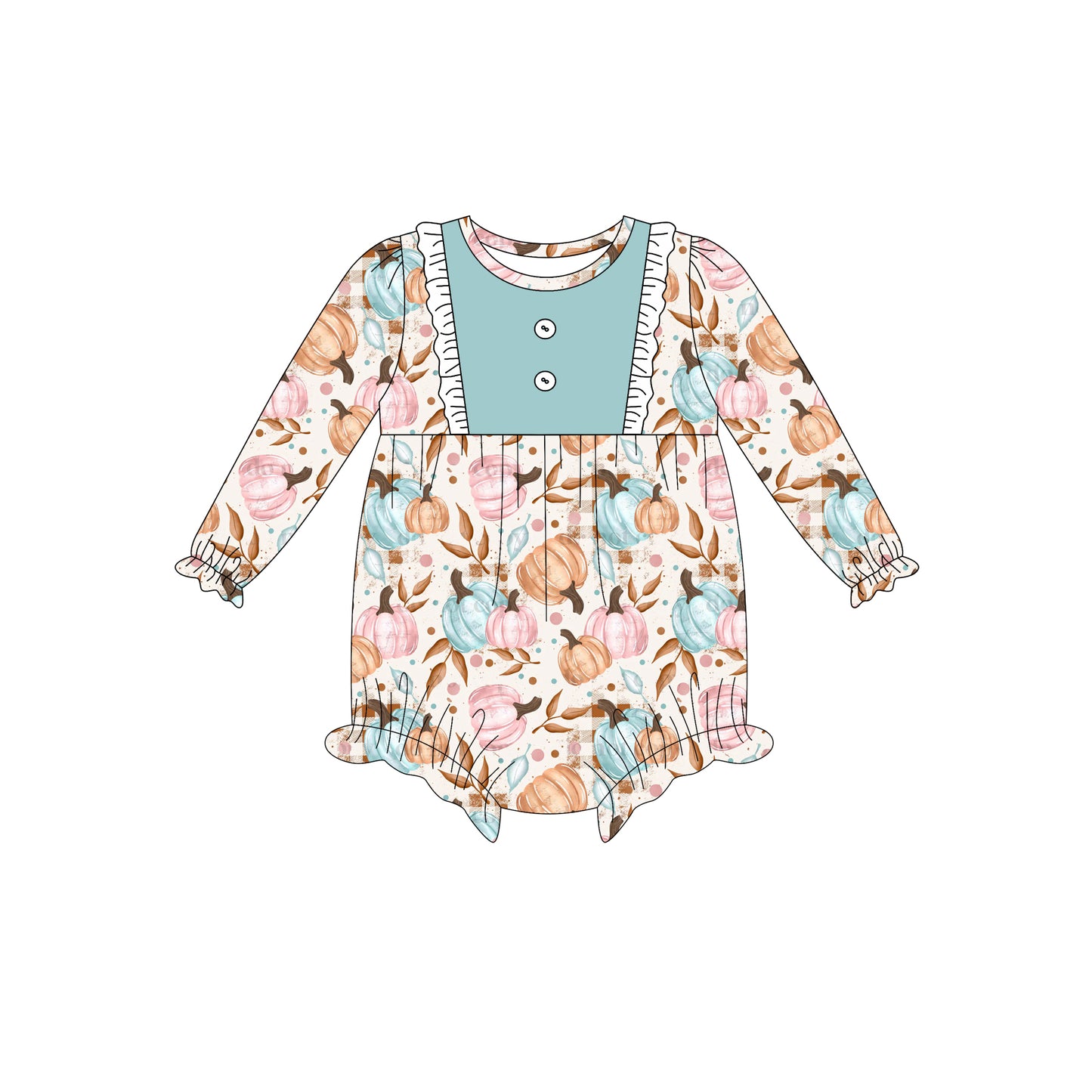 Preorder (moq 5)Baby Girls Long Sleeves Button Colorful Pumpkins Plaid Ruffle Romper