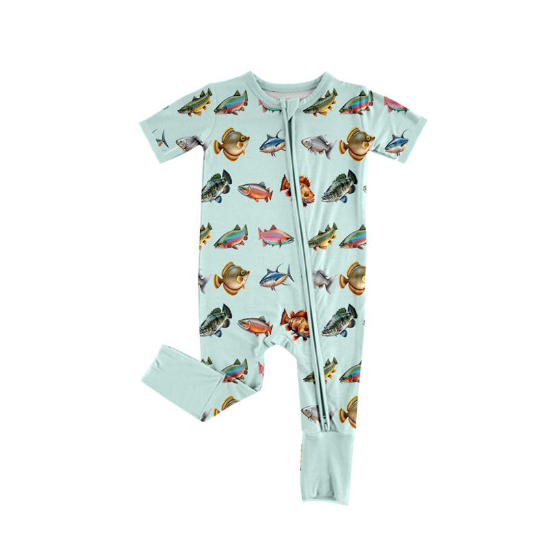 Preorder (moq 5)Baby Boys Fishes Plaid Hunting Zipper Footie Rompers
