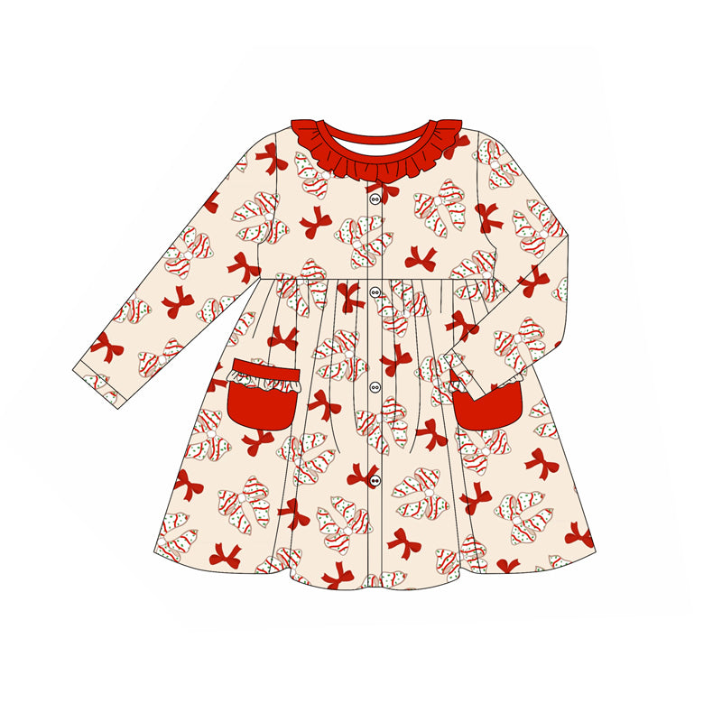 Preorder (moq 5)Baby Girls Long Sleeves Red Bows Plaid Pockets Ruffle Knee Length Dress