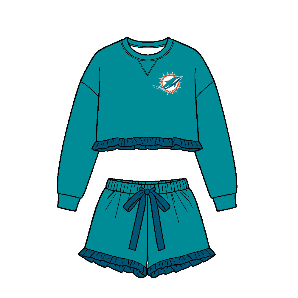Preorder (moq 5)Baby Girls Green Long Sleeve Dolphins Top Ruffle Short Team Clothes Set