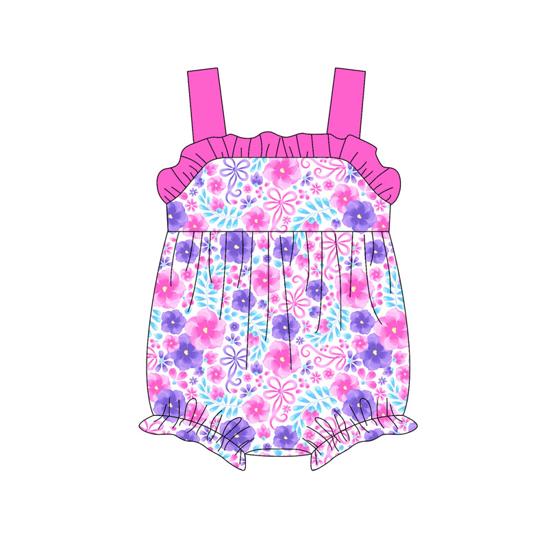 Preorder(moq 5)Baby Infant Girls Hot Pink Strap Colorful Floral Ruffle Rompers