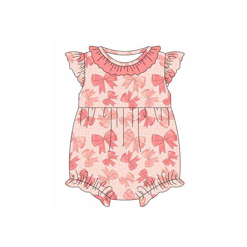 Preorder moq 5 Baby Girls Pink Flutter Sleeves Bows Polka Dots Ruffle Rompers