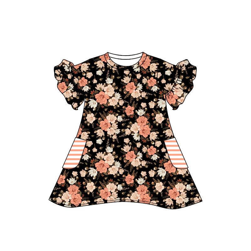 Preorder (moq 5)Baby Girls Short Ruffle Sleeve Colorful Flowers Pockets Knee Length Dress